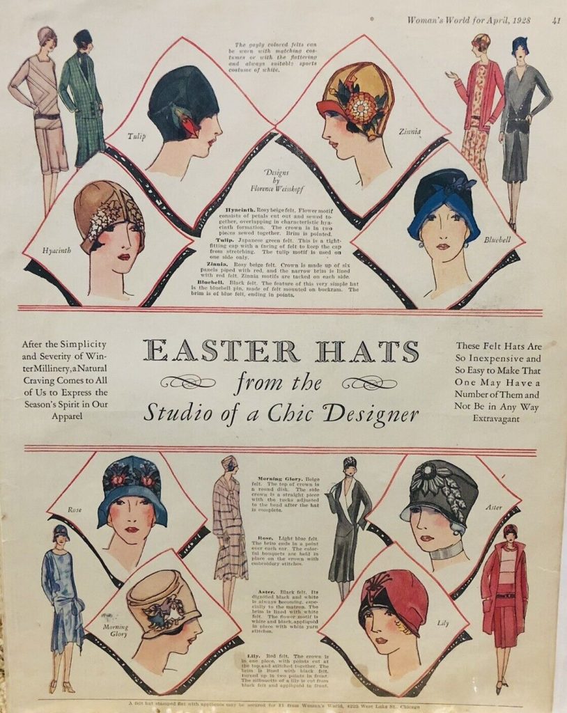 1920s Vintage Magazine Article on 1920s Fashions...1920s Hats for Easter. "Easter Hats from the Studio of a Chic Designer". Article from a 1928 Women's World magazine.