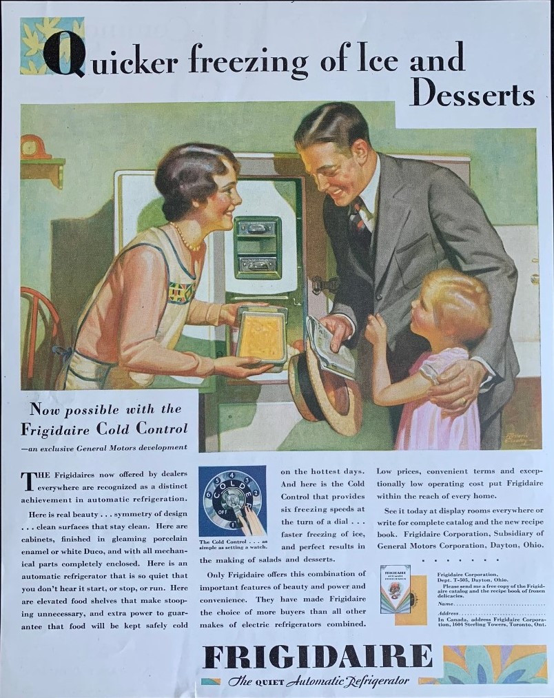 1920s Vintage ad: Vintage 1929 Frigidaire Refrigerator Print Ad featuring an illustration of a husband and wife with their daughter standing in front of their fridge. 