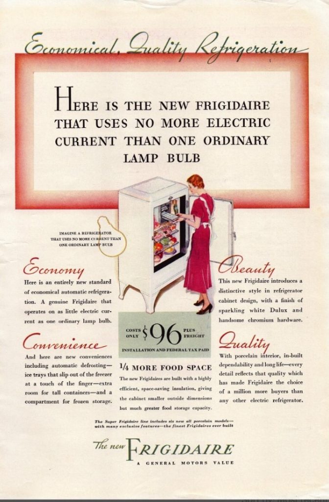 1930s Vintage advertisement: 1933 Frigidaire Advertisement. Economical, Quality Refrigeration.