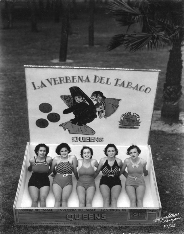 1930s Vintage Photo of 1937 Beauty Pageant contestants for Miss Cigar Queen 1937. They are posing in a cigar box in 1930s swimsuits. 