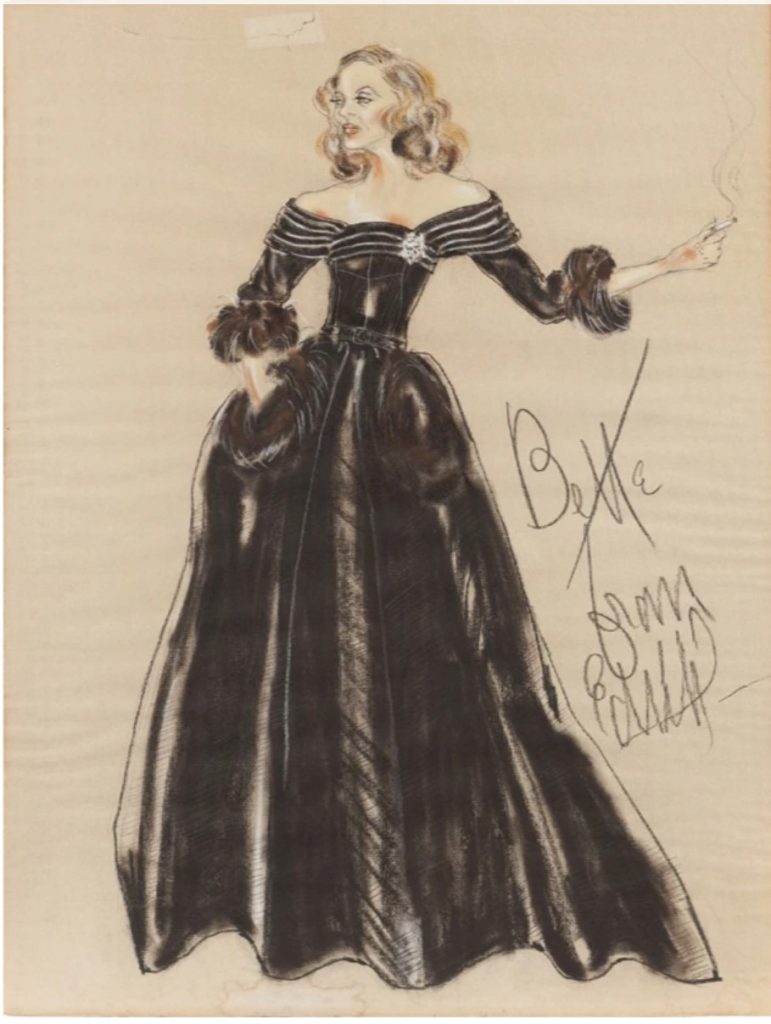 1940s Fashion: A costume design image from "All About Eve", featuring Bette Davis circa 1940s