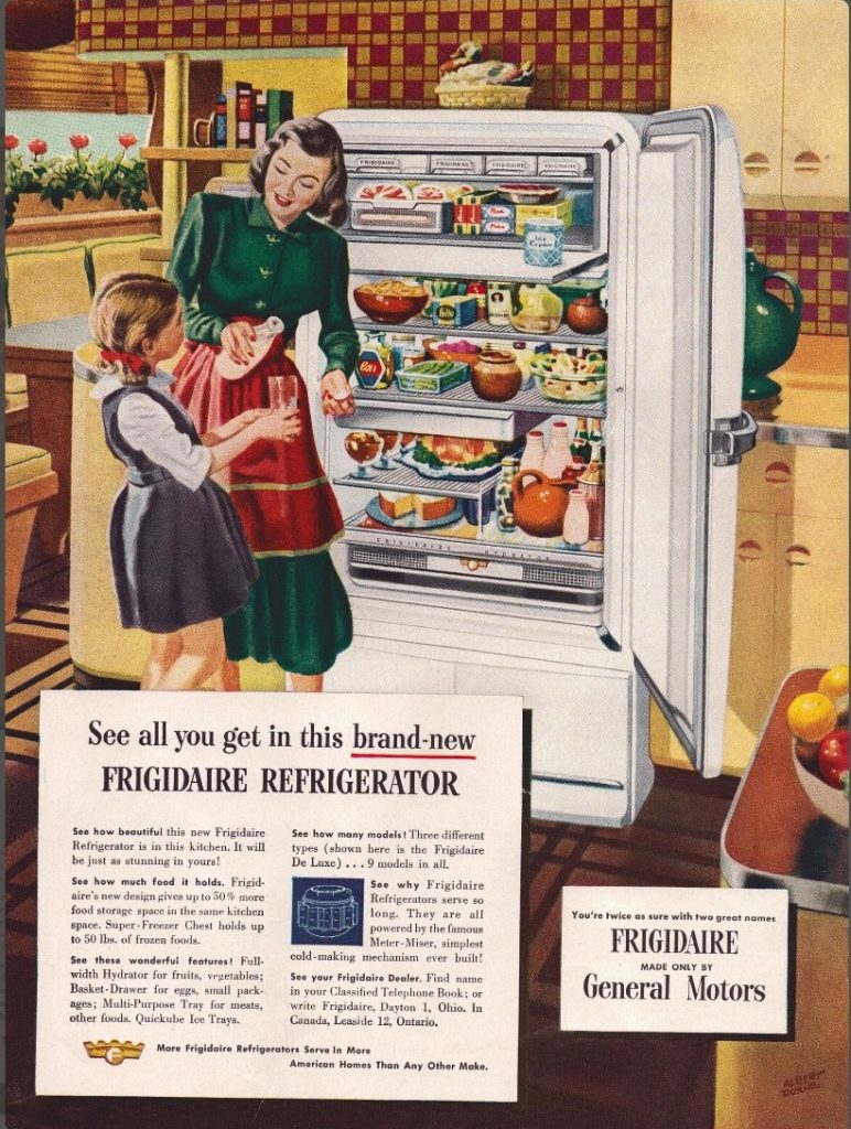 1940s Vintage Advertisement: 1948 Frigidaire Refrigerator featuring an illustration of a mother and daughter in front of the fridge in a late 1940s kitchen. 