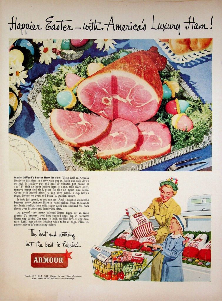 1940s Vintage Easter Advertisement: "Happier Easter - with America's Luxury Ham!". 1949 Armour Ham advertisement. The ad features an illustration of a mother and daugther shopping for ham at the grocery store. 