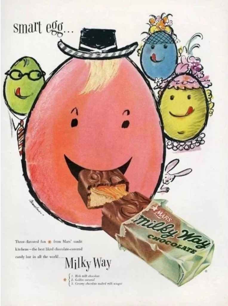 1950s vintage Easter Advertising for Milky Way Chocolate bars featuring Easter Eggs enjoying the chocolate bar