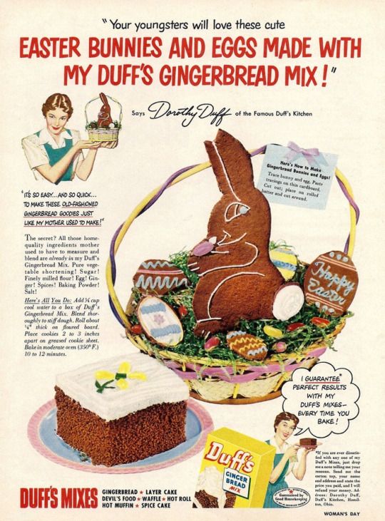 1950s Vintage Easter Advertisment: 1951 ‘Duff’s Gingerbread Mix’ featuring Easter goodies you can make with Gingerbread mix.