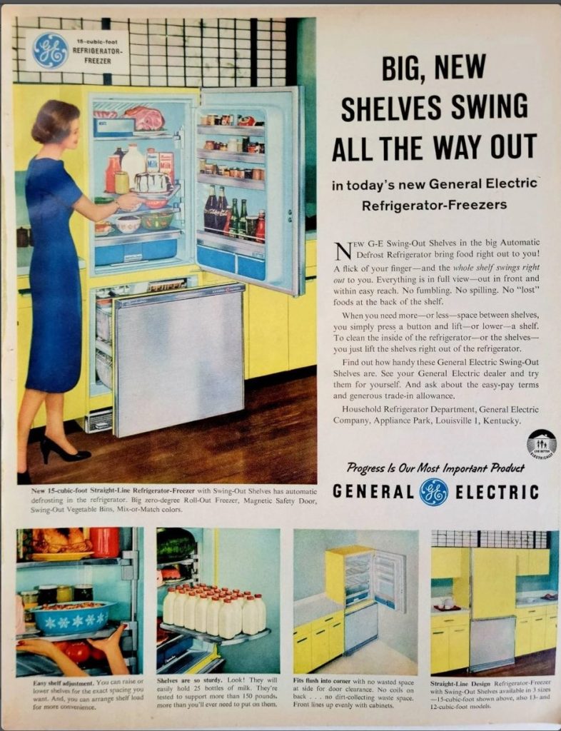 1950s Vintage Advertisement / Old Refrigerator Ad - 1959 GE Refrigerator Vintage Advertisement and Freezer ad. Featuring an image of a woman showing all the ways you can put things in your fridge. 