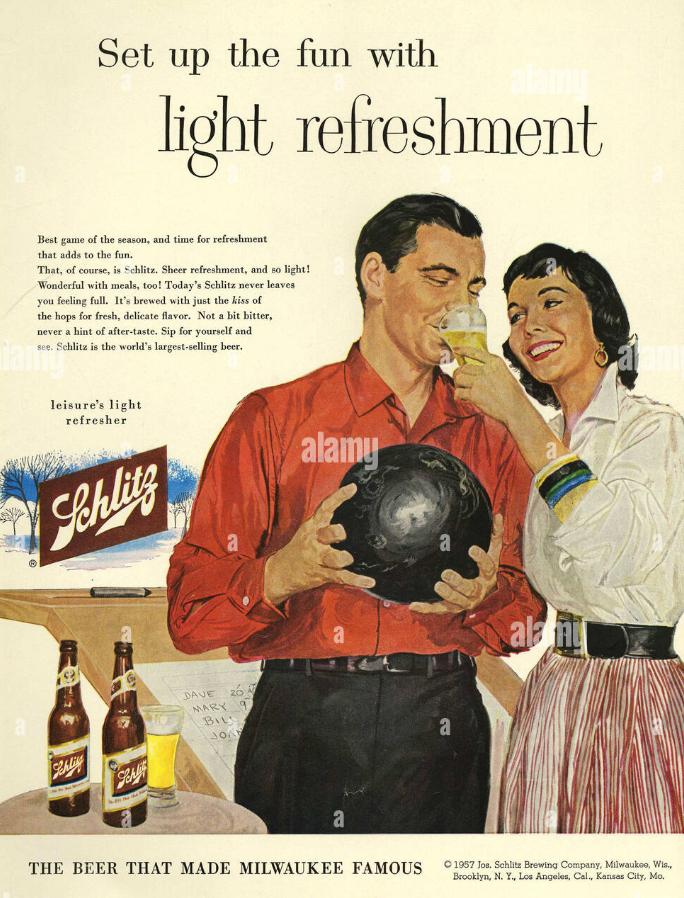 1950s Vintage Ad / 1950s Bowling Advertisement for Schlitz beer featuring an illustration of a 1950s wife helping her husband drink a beer while he holds a bowling ball at the bowling alley.