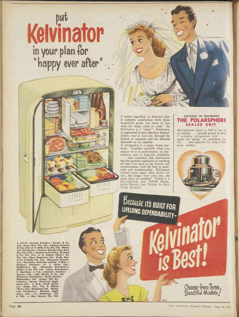 1950s vintage advertisement / Old refrigerator ad: 1952 Kelvinator advertisement featuring an illustration of a bride and groom and then after they are married enjoying their new fridge.