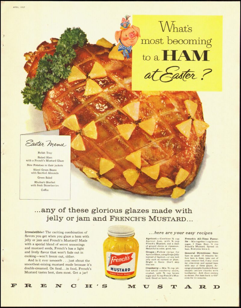 1950s vintage easter advertising for french's mustard for your Easter ham featuring an Easter Menu as well