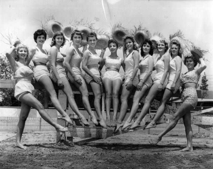 1950s Vintage Photo of 1950s Beauty Pageant Contestants in two piece suits competing for the "Queen of the county fair in Los Angeles 1959".