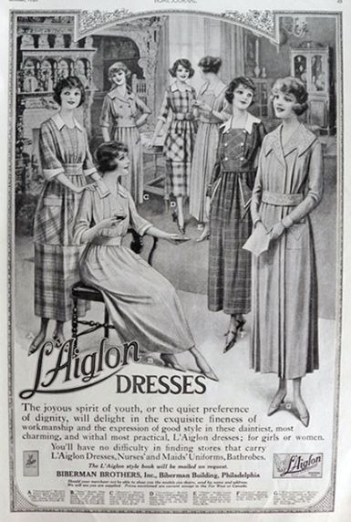 1920s Vintage Fashion Ad for L'Aiglon Women's Dresses. Wonderful 1920's styles on display in the ad. 