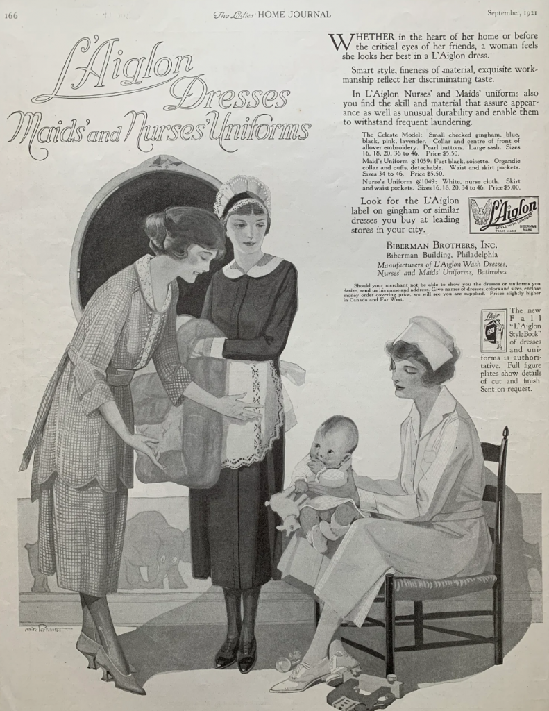 1920s Vintage ad from 1921 for L'Aiglon Dresses Maids and Nurses Uniforms. Vintage Fashion Brand. 