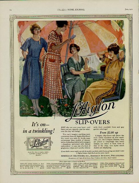 1920s Fashion: June 1922, Women's L'Aiglon Slip-Overs 1920s dresses. "Just slip one over your head - and there you are, daintly clad for whatever the day will bring!"