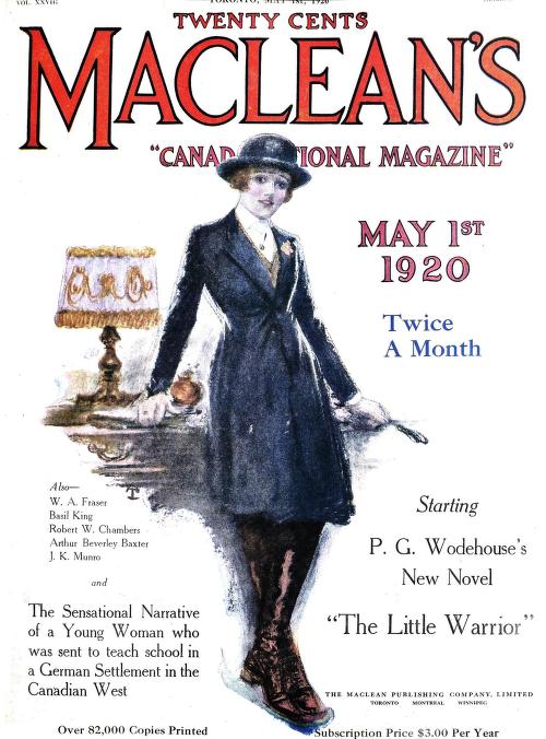 1920s Vintage Magazine Cover for Maclean's Magazine - Canada's National Magazine May 1st 1920. The illustration on the front features a young woman who went to teach school in the Canadian West.