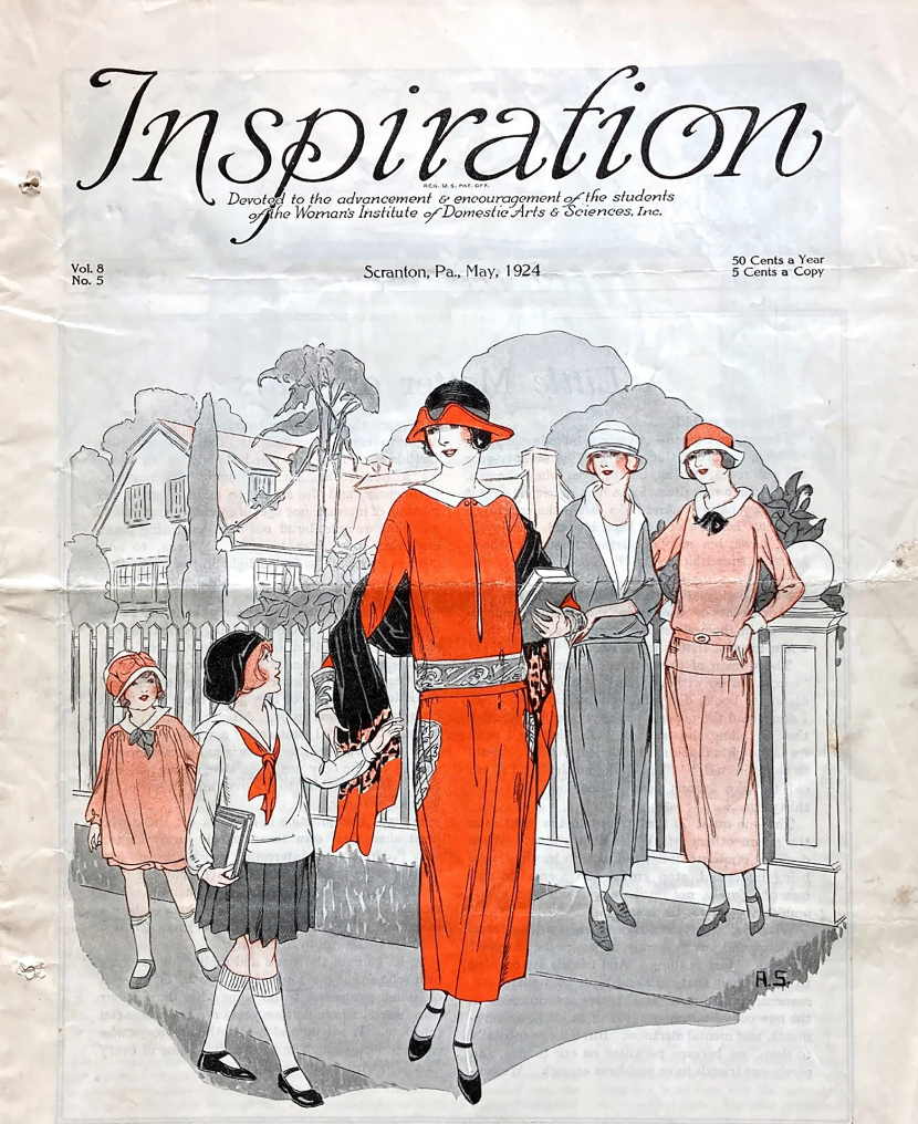 1920s Vintage Magazine Cover featuring 1920s Fashion Illustrations on the cover. The May 1924 issue of Inspiration from the Women's Institute in Scranton PA offers insights into spring and summer fashion from 1924, including women and children's wear