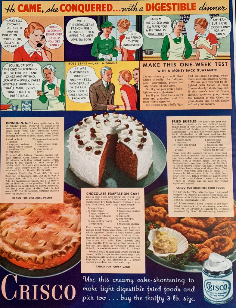 Vintage 1936 Crisco Shortening Cake Baking Print Ad featuring a 1930s cartoon and vintage recipes for pies, cakes and oysters. 