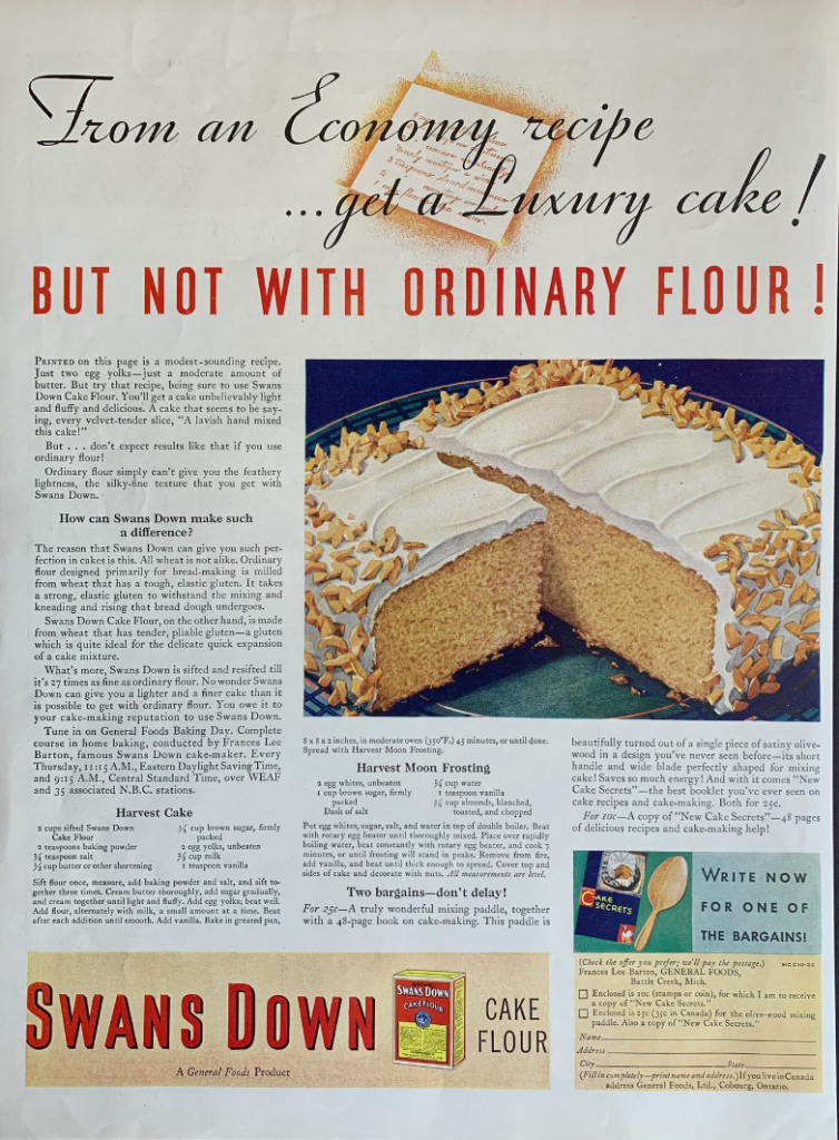 1930s Vintage Ad: 1932 Swans Down cake flour ad featuring a vintage cake recipe for a Harvest Cake & Harvest Moon Frosting recipe