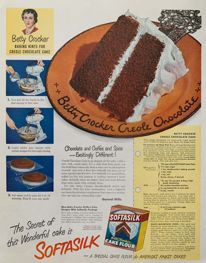 1930s vintage ad for softasilk cake flour from betty crocker featuring a creole chocolate cake vintage recipe.