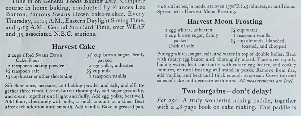 1930s vintage cake recipe for a Harvest Cake & Harvest Moon Frosting recipe as seen in a 1932 Swans Down Cake flour vintage ad. 