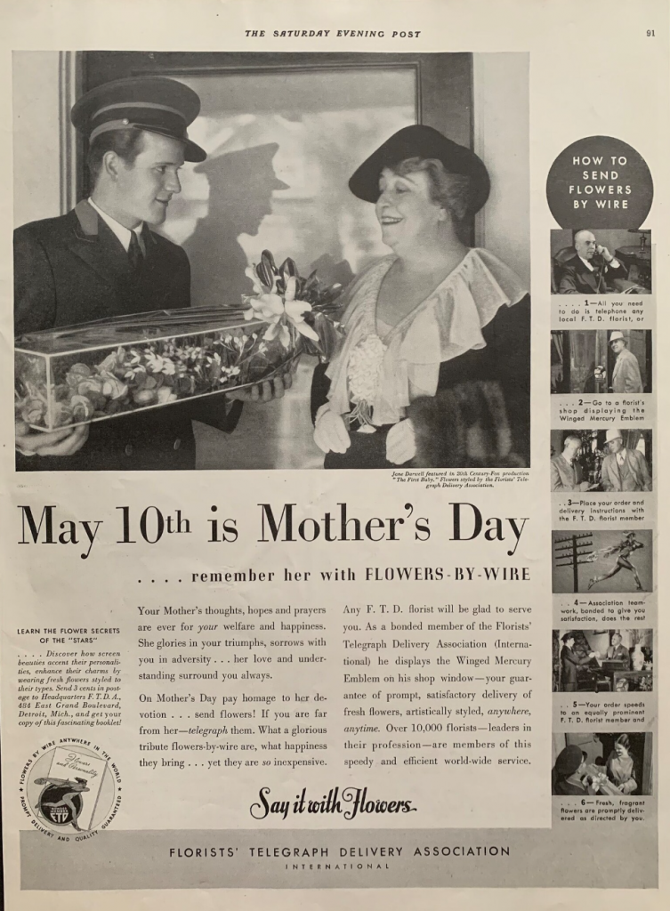 1930s Vintage Mother's Day Advertising: 1936 FTD Florists Telegraph Delivery Association Mother’s Day Ad. The ad features a mother receiving a box of flowers from a delivery man.