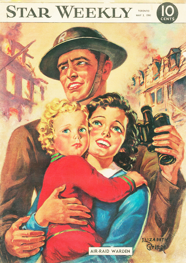 1940s Vintage Magazine the Toronto Star Weekly featuring an illustration of a mother and her child with an air-raid warden during an air raid may 1st 1941