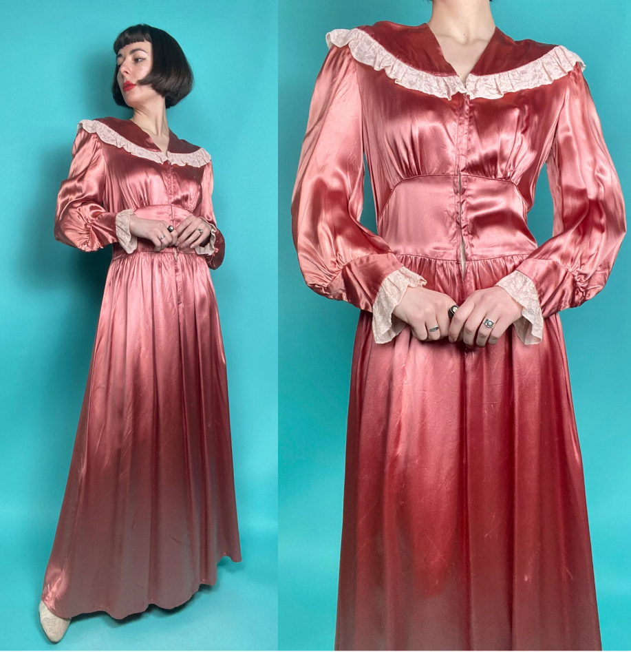 1940s Fashion: Gorgeous 1940s Pink Rayon Liquid Satin Dressing Gown / 1940s Women's Loungewear.