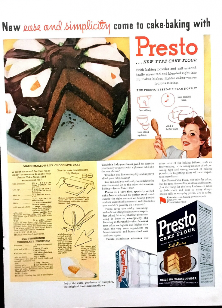 1942 Presto Cake Flour Vintage Ad featuring a vintage cake recipe for Marshmallow Lily Chocolate cake with instructions on how to make the lily's featured on the cake in the ad. 