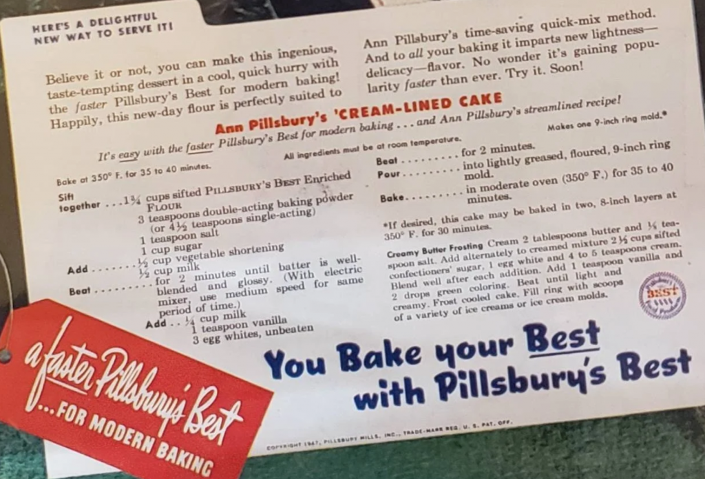 1940s Vintage Cake Recipe for an 'Ann Pillsbury's Cream-Lined Cake' from 1947 vintage food advertisement. 