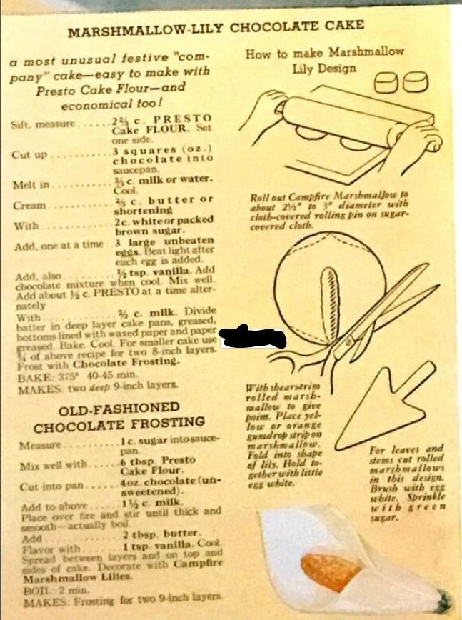 1940s vintage recipe for Marshmallow-Lily Chocolate Cake recipe with instructions on how to make the Lily design. Seen in a 1942 vintage food ad. 