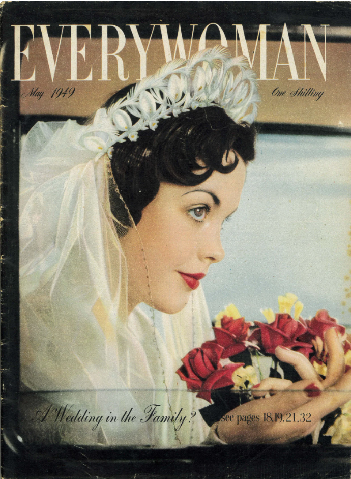 1940s Vintage Magazine Cover - Everywoman May 1949 featuring an i young 1940s bride holding her wedding flowers and a beautiful crown with veil. 