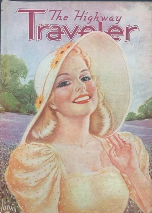 1940s Vintage Magazine Cover: The Highway Traveler, April-May 1941, featuring an illustration of a pinup in spring fashions