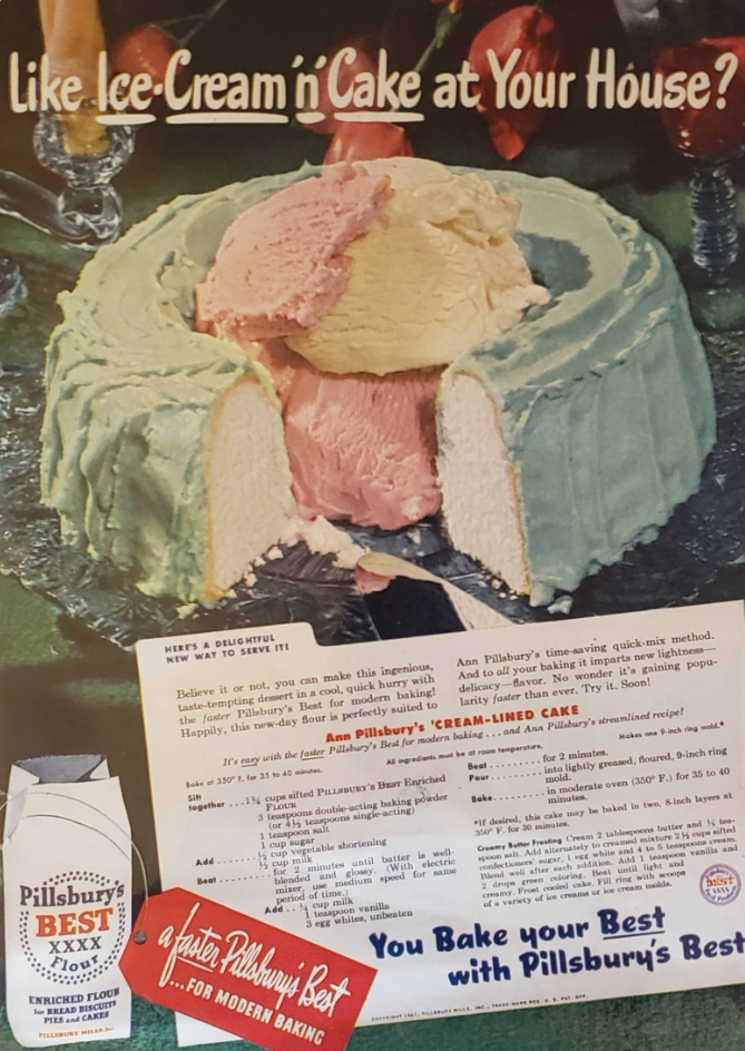 1940s Vintage Ad featuring an image of a vintage cake with ice cream in the middle. 1940s Vintage Cake Recipe for an 'Ann Pillsbury's Cream-Lined Cake' from 1947 vintage food advertisement. 