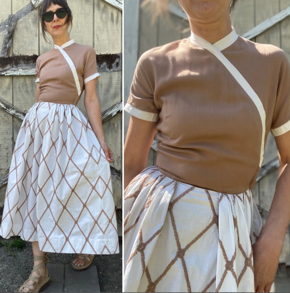 1950s Fashion: 1950s "New Look" L'Aiglon dress. Bodice is fabricated in a beige colored cotton and trimmed in a white rayon faille. The skirt is in a white crisp cotton in a heavy embroidered diamond pattern.