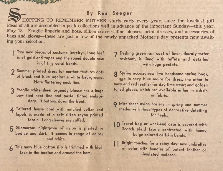 1950s Vintage Mother's Day Newspaper expert for gifts for Mothers day featuring 1950s fashions.