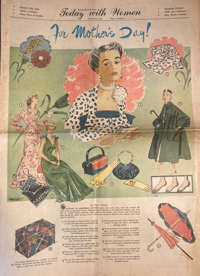 1951 Chicago Daily Tribune special Mother's Day excerpt featuring 1950's fashions & accessories you can gift to your Mother.