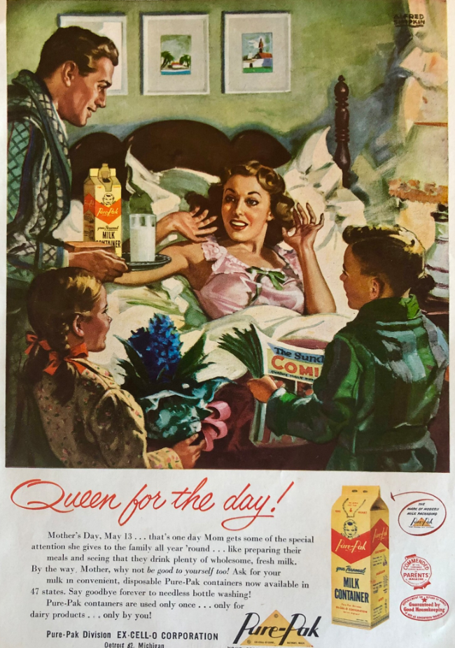 1950s Vintage Mother's Day Advertisement: 1951 Vintage milk, Pure-Pak, Mothers Day “Queen for the Day advertisement.