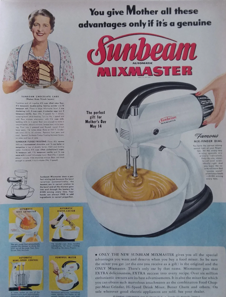 1950s Vintage Advertisement for a 1950s Sunbeam Mixmaster ad for Mother's Day featuring an image of an older mother holding a sunbeam chocolate cake.