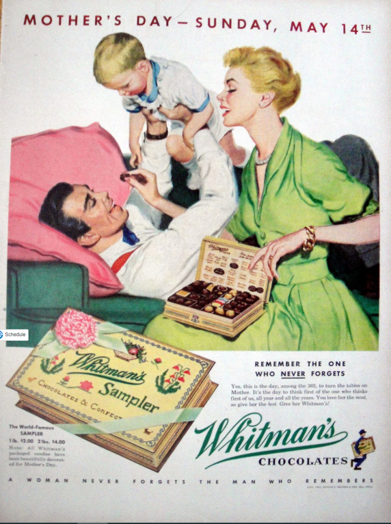 1950s Vintage Advertisement for Mother's Day - Whitman's Chocolate ad featuring an image of a 1950s family. 