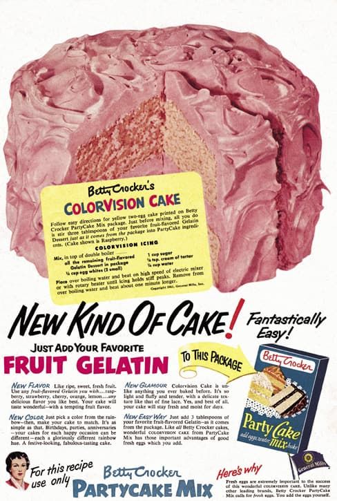 1950s vintage ad for Betty's Crocker's Colorvision cake with pink icing recipe from 1952. 