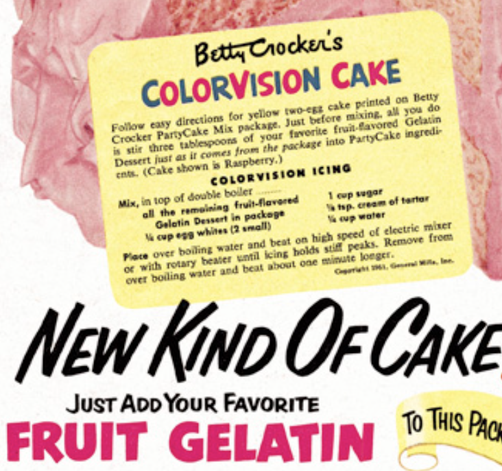 1950s Vintage baking recipe: Colorvision Icing recipe. For the cake..."Follow easy directions for yellow two-egg cake printed on Betty Crocker PartyCake Mix package."