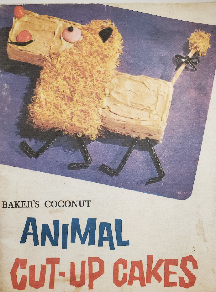 1950s Vintage Cake Baking Recipe book: 1959 General Foods Baker's Coconut Animal Cut-Up Cakes recipe book. Featuring a lion cake on the cover.