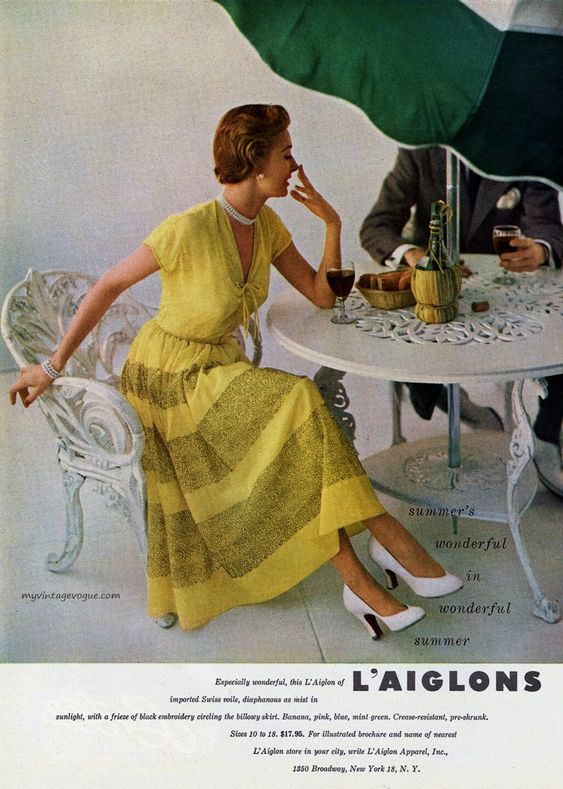 1950s Fashion ad for L'Aiglons dress the perfect vintage summer outfit, a stunning yellow dress. 