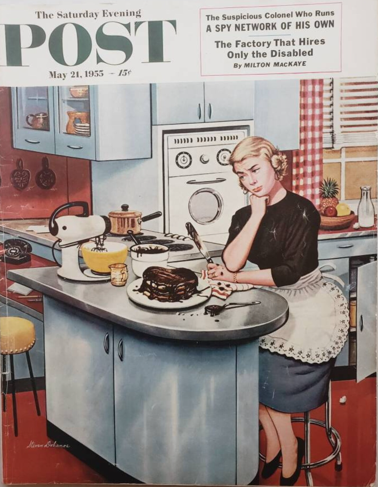 1950s Vintage Magazine: 1950's housewife attempting her first cake. Illustration by renowned American Illustrator, Stevan Dohanos, for the cover of The Saturday Evening Post dated May 21, 1955.