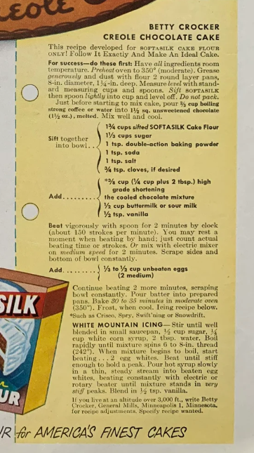 1950s vintage recipe for vintage cake Betty Crocker Creole Chocolate Cake as seen on a 1950s vintage ad. 