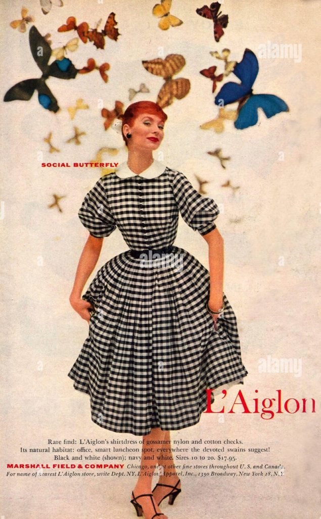 1960s vintage ad 1960s fashion ad for L'Aiglon dresses featuring a woman in a checkered 1960s shirtwaist dress 