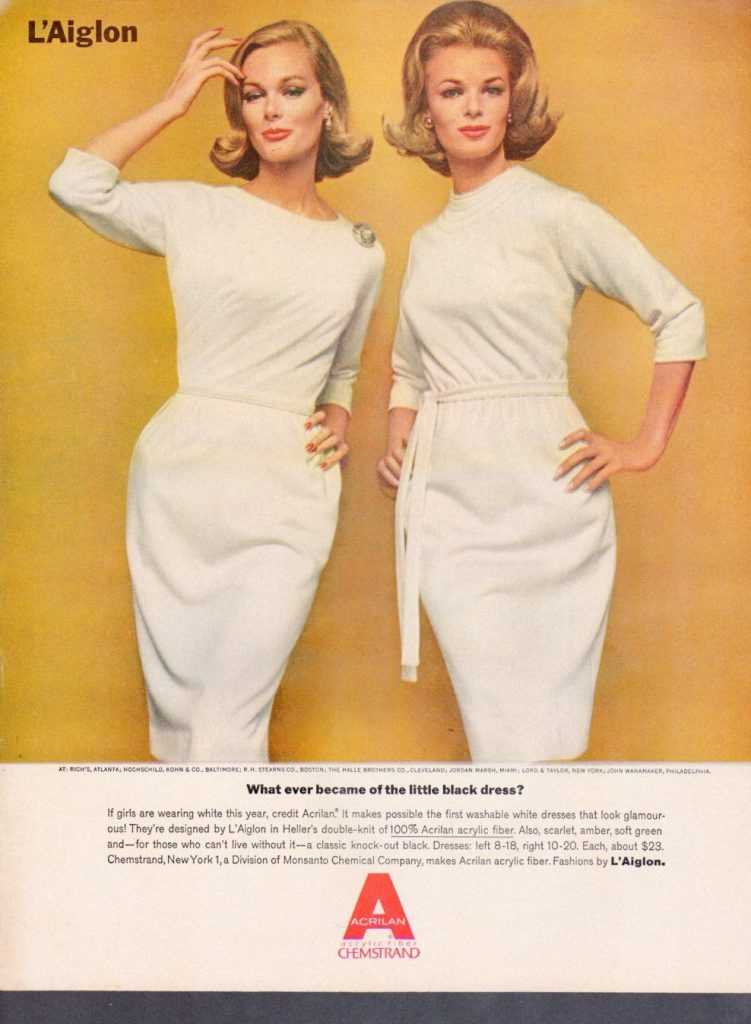 1960s vintage ad for L'Aigion featuring two women with 1960s hairstyles wearing white shift dresses