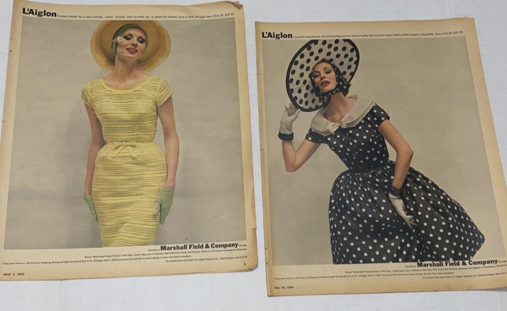 1960s Fashion Ad: 1960s Marshall Field & Company ad featuring two L'Aiglon dresses. A yellow stunner of a dress and a polka dot fit and flare dress.