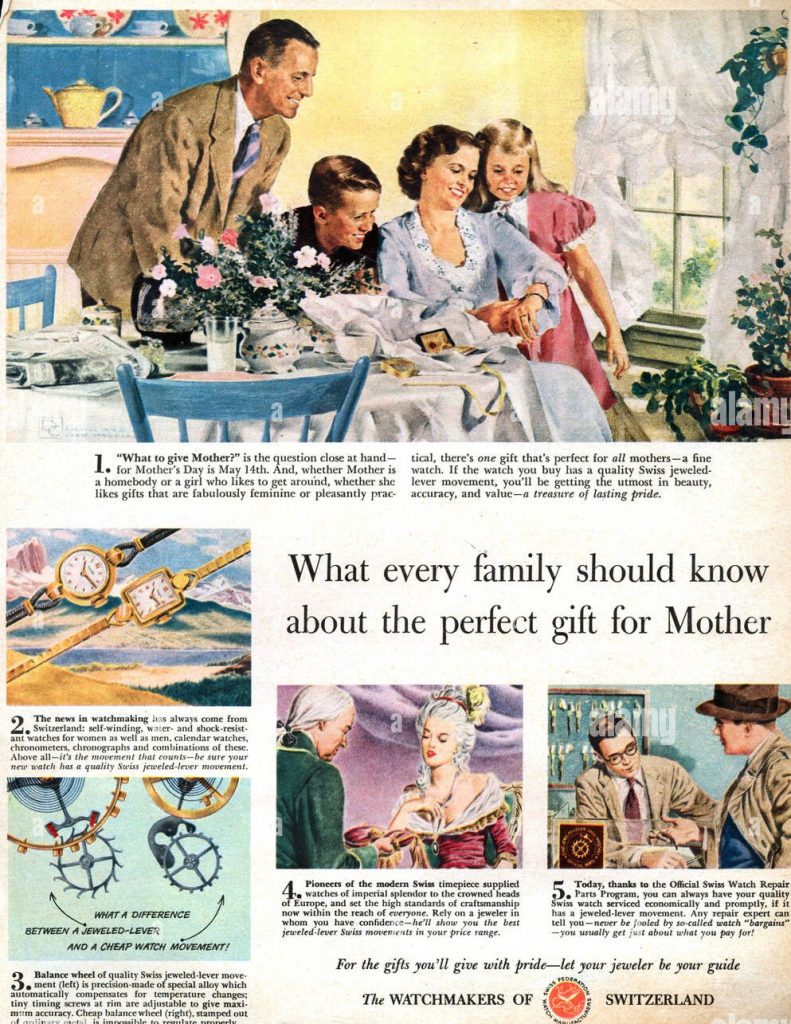 1950s Vintage Mothers Day Advertising:   Gift a watch as a gift on Mothers day. The Watchmakers of Switzerland vintage ad. 