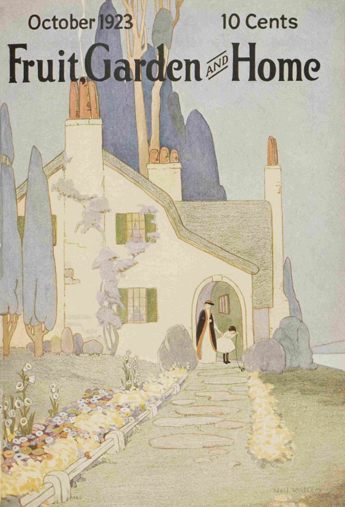 1920s vintage magazine cover for Better Homes and Gardens called Fruit Garden and Home October 1923 featuring an illustration of a tudor style home