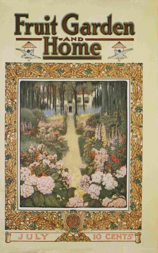 1920s vintage magazine cover for Better Homes and Garden originally called Fruit Garden and Home. July 1922 featuring an illustration of a lovely floral garden. 